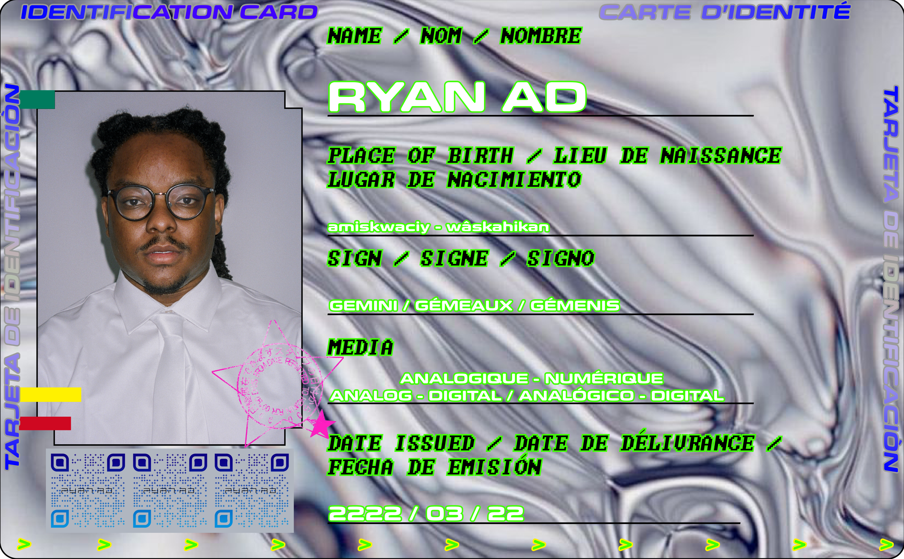 RYAN AD CARD IN SILVER AND PURPLE AND GREEN ; CARTE D'IDENTITÉ EN ARGENT ET VIOLET ET VERT ; TARJETA DE IDENTIFICACIÓN EN PLATA, MORADO Y VERDE